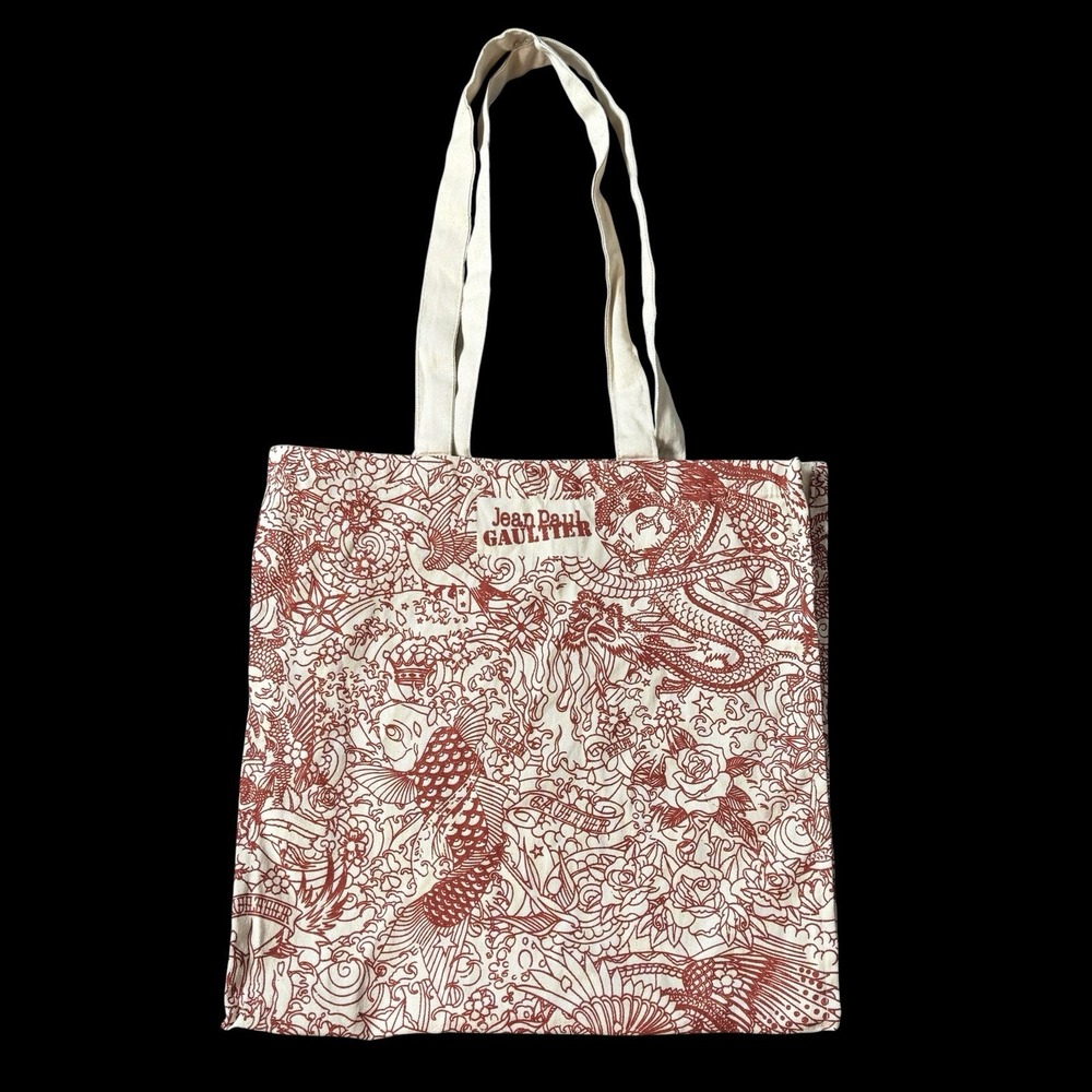 Jean Paul Gaultier Canvas Tote Bag Red Cream Dragon Koi Fish Rose Tattoo Y2K